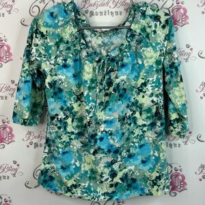St. John's Bay long sleeve abstract tie up Teal and Lime Patterned Blouse